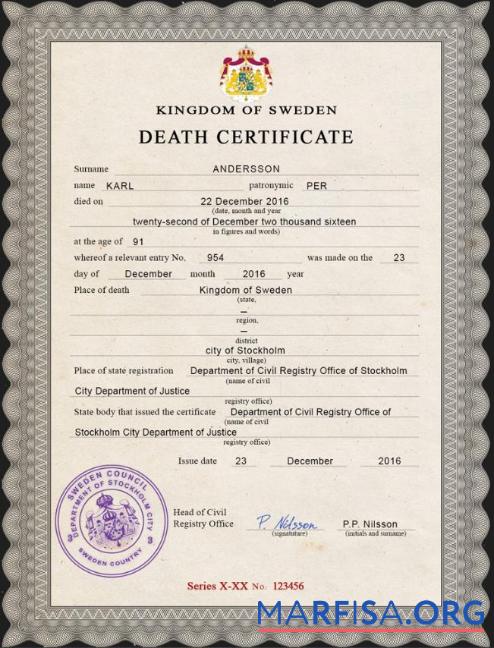 Printable Sweden vital record death certificate PSD template